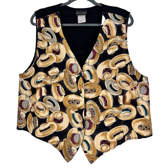 Status Anxiety Jackets & Blazers - Vintage Women's Vest Button Front Sz 2X All Over‎ Hats Novelty Print Teacher